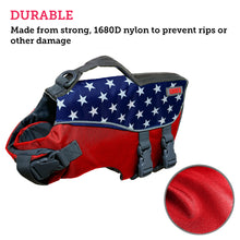 Load image into Gallery viewer, Picture of a dog float vest in an American flag theme with a close up of its material showcasing its durability