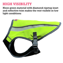 Load image into Gallery viewer, Picture of the side of a cooling safety vest for dogs with a description on its highly visible colors