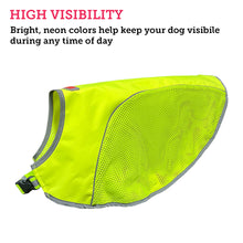 Load image into Gallery viewer, Picture of a bright green safety vest for dogs with a description highlighting its highly visible colors