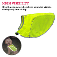 Load image into Gallery viewer, Picture of a bright green safety vest for dogs with a description highlighting its highly visible colors