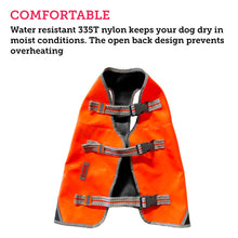Load image into Gallery viewer, Picture of the top of a hunting safety vest for dogs with a description highlighting its comfortable materials