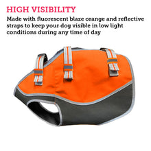 Load image into Gallery viewer, Picture of the side of an orange hunting safety vest for dogs with a description highlighting its highly visible colors