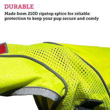 Load image into Gallery viewer, Picture of a close up of a dog safety vest with a description highlighting its durability