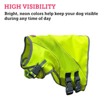 Load image into Gallery viewer, Picture of a green safety vest for dogs with a description talking about its highly visible colors