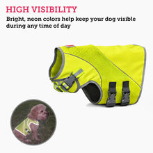 Load image into Gallery viewer, Picture of a green safety vest for dogs with a description talking about its highly visible colors