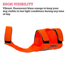 Load image into Gallery viewer, Picture of the side of an orange hunting safety vest for dogs with a description highlighting its highly visible colors
