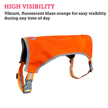 Load image into Gallery viewer, Picture of an orange safety vest for dogs with a description talking about its highly visible colors