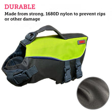 Load image into Gallery viewer, Picture of a green flotation vest for dogs with a close up of its material showcasing its durability

