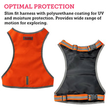 Load image into Gallery viewer, Picture of the top and bottom of an orange safety vest with a description talking about its protective materials
